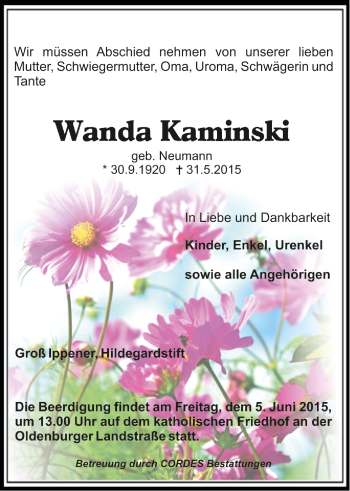 Todesanzeige von Wanda Kaminski 
