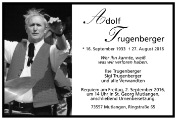 Todesanzeige von Adolf Trugenberger von Trauer.de