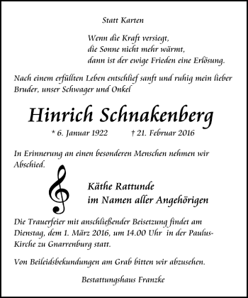 Todesanzeige von Hinrich Schnakenberg von Trauer.de