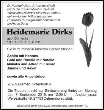 Todesanzeige von Heidemarie Dirks von Trauer.de