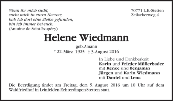 Todesanzeige von Helene Wiedmann von Trauer.de