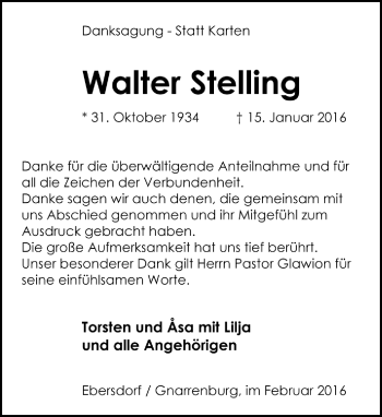 Todesanzeige von Walter Stelling von Trauer.de