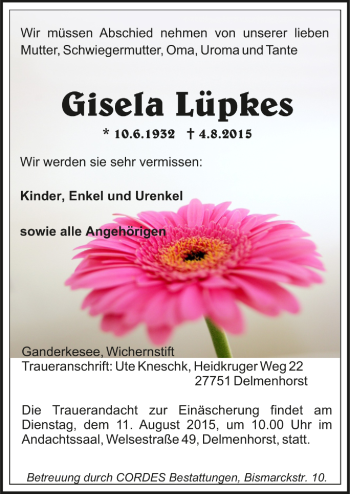 Todesanzeige von Gisela Lüpkes von Trauer.de