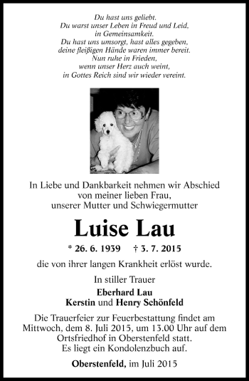 Todesanzeige von Luise Lau von Trauer.de