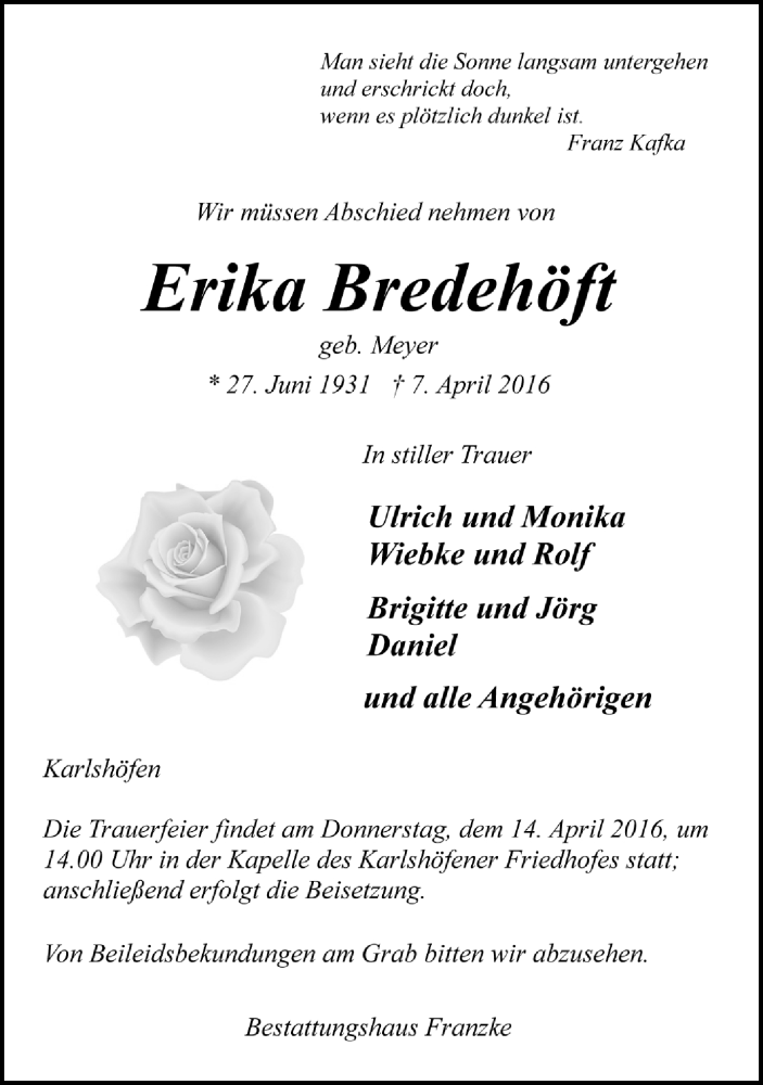  Traueranzeige für Erika Bredehöft vom 12.04.2016 aus Trauer.de