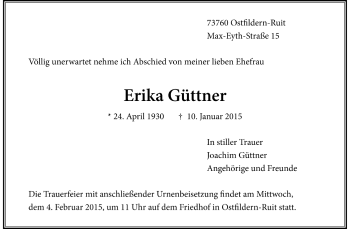 Todesanzeige von Erika Güttner von Trauer.de
