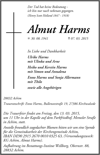 Todesanzeige von Almut Harms von Trauer.de