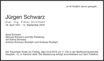 Todesanzeige von Jürgen Schwarz von Trauer.de