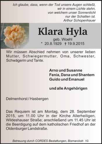 Todesanzeige von Klara Hyla von Trauer.de
