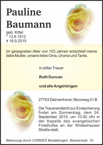 Todesanzeige von Pauline Baumann von Trauer.de