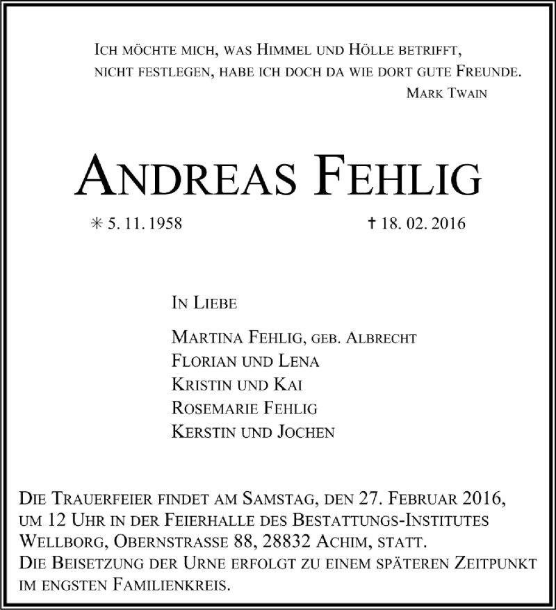  Traueranzeige für Andreas Fehlig vom 24.02.2016 aus Trauer.de