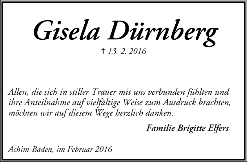  Traueranzeige für Gisela Dürnberg vom 27.02.2016 aus Trauer.de