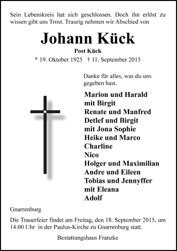 Todesanzeige von Johann Kück von Trauer.de