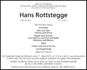 Todesanzeige von Hans Rottstegge von Trauer.de