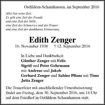 Todesanzeige von Edith Zenger von Trauer.de