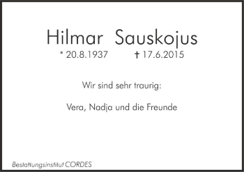 Todesanzeige von Hilmar Sauskojus von Trauer.de