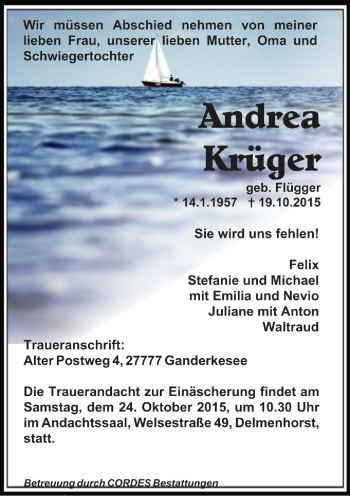 Todesanzeige von Andrea Krüger von Trauer.de