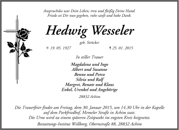 Todesanzeige von Hedwig Wesseler von Trauer.de