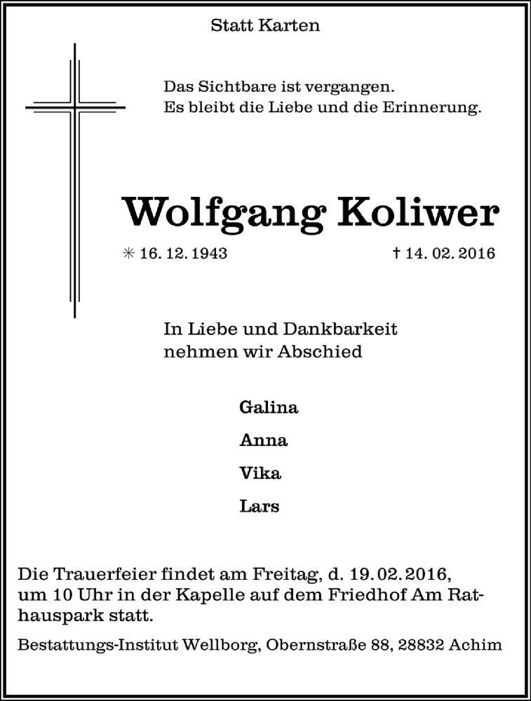  Traueranzeige für Wolfgang Koliwer vom 17.02.2016 aus Trauer.de