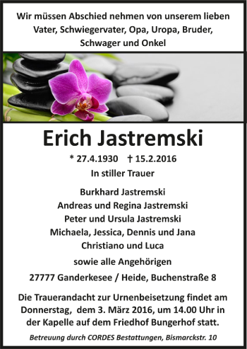 Todesanzeige von Erich Jastremski von Trauer.de