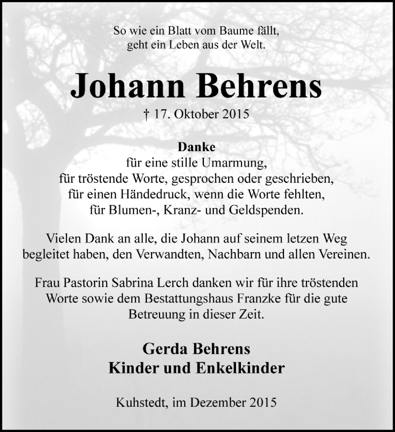  Traueranzeige für Johann Behrens vom 12.12.2015 aus Trauer.de