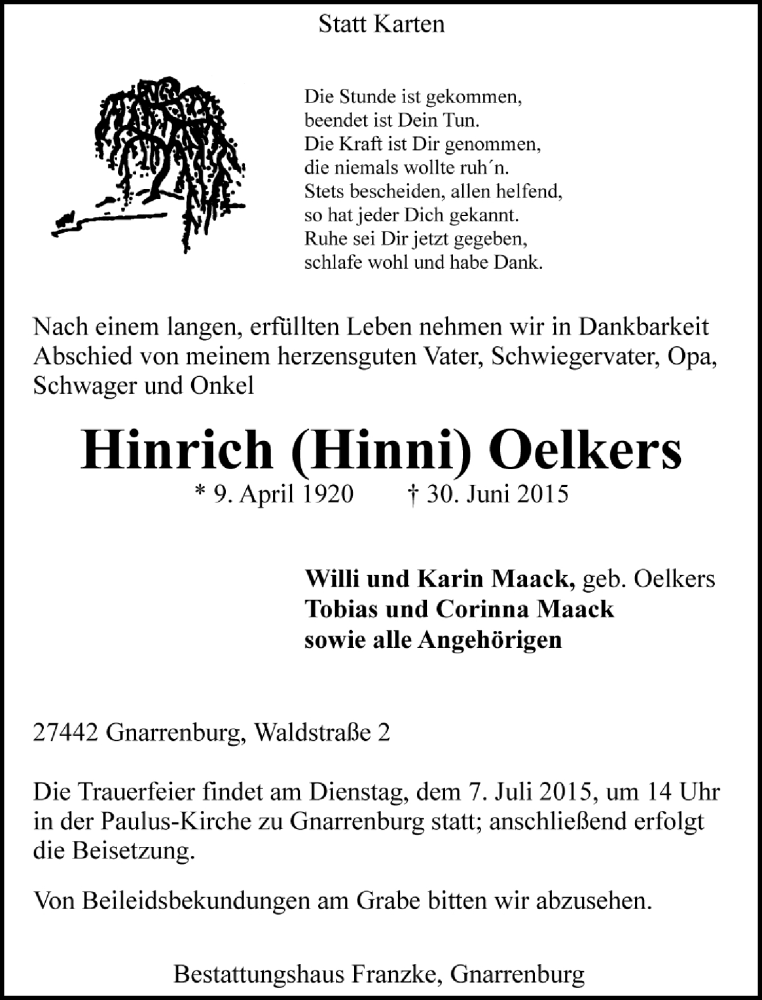  Traueranzeige für Hinrich Oelkers vom 03.07.2015 aus Trauer.de