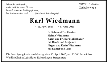 Todesanzeige von Karl Wiedmann von Trauer.de