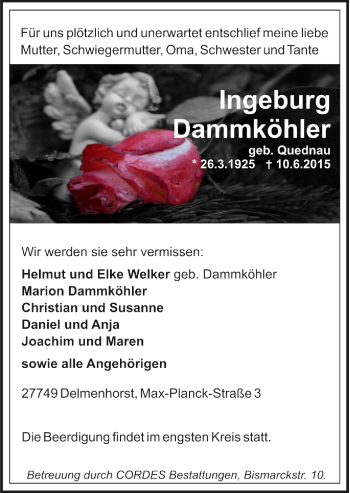 Todesanzeige von Ingeburg Dammköhler von Trauer.de