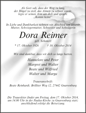 Todesanzeige von Dora Reimer von Trauer.de