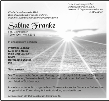 Todesanzeige von Sabine Franke von Trauer.de