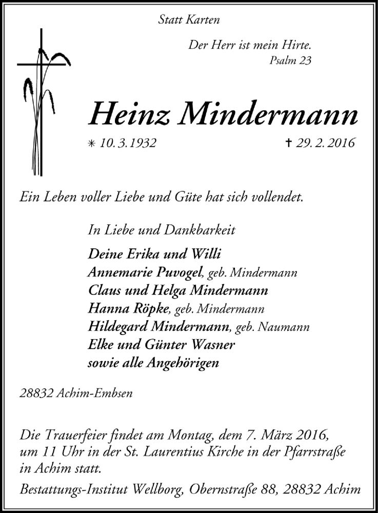  Traueranzeige für Heinz Mindermann vom 03.03.2016 aus Trauer.de