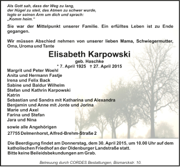 Todesanzeige von Elisabeth Karpowski von Trauer.de
