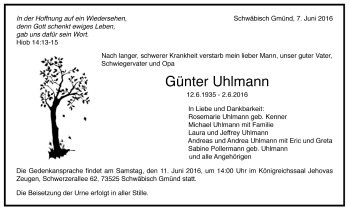Todesanzeige von Günter Uhlmann von Trauer.de