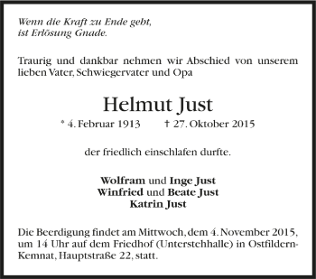 Todesanzeige von Helmut Just von Trauer.de