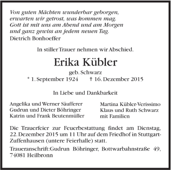 Todesanzeige von Erika Kübler von Trauer.de