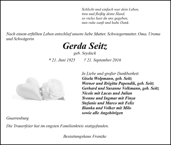 Todesanzeige von Gerda Seitz von Trauer.de