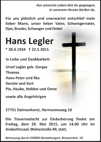 Todesanzeige von Hans Legler von Trauer.de