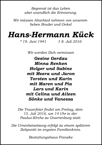 Todesanzeige von Hans-Hermann Kück von Trauer.de