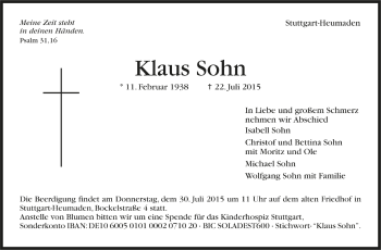 Todesanzeige von Klaus Sohn von Trauer.de