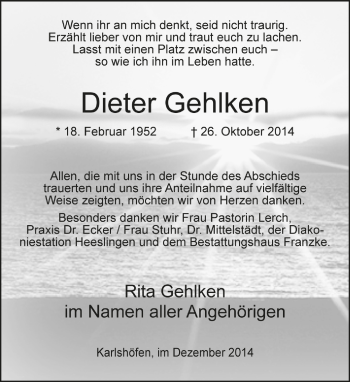 Todesanzeige von Dieter Gehlken 