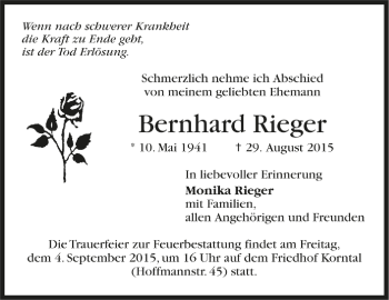 Todesanzeige von Bernhard Rieger von Trauer.de