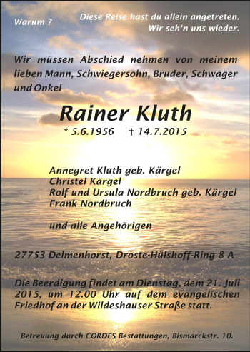 Todesanzeige von Rainer Kluth von Trauer.de
