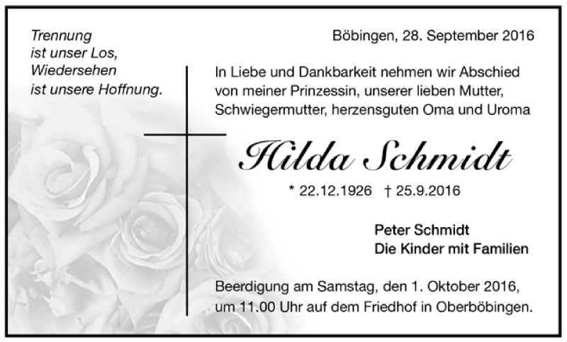  Traueranzeige für Hilda Schmidt vom 28.09.2016 aus Trauer.de
