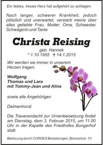Todesanzeige von Christa Reising von Trauer.de