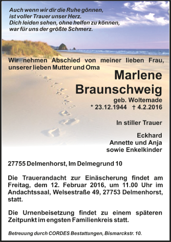 Todesanzeige von Marlene Braunschweig von Trauer.de