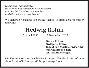 Todesanzeige von Hedwig Röhm von Trauer.de