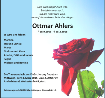 Todesanzeige von Ottmar Ahlers von Trauer.de