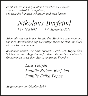 Todesanzeige von Nikolaus Burfeind von Trauer.de