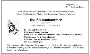 Todesanzeige von Ilse Stammhammer von Trauer.de