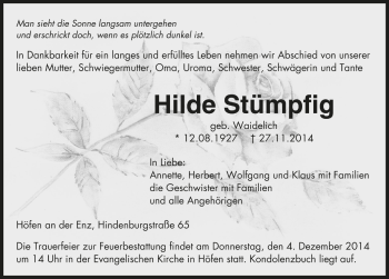 Todesanzeige von Hilde Stümpfig von Trauer.de